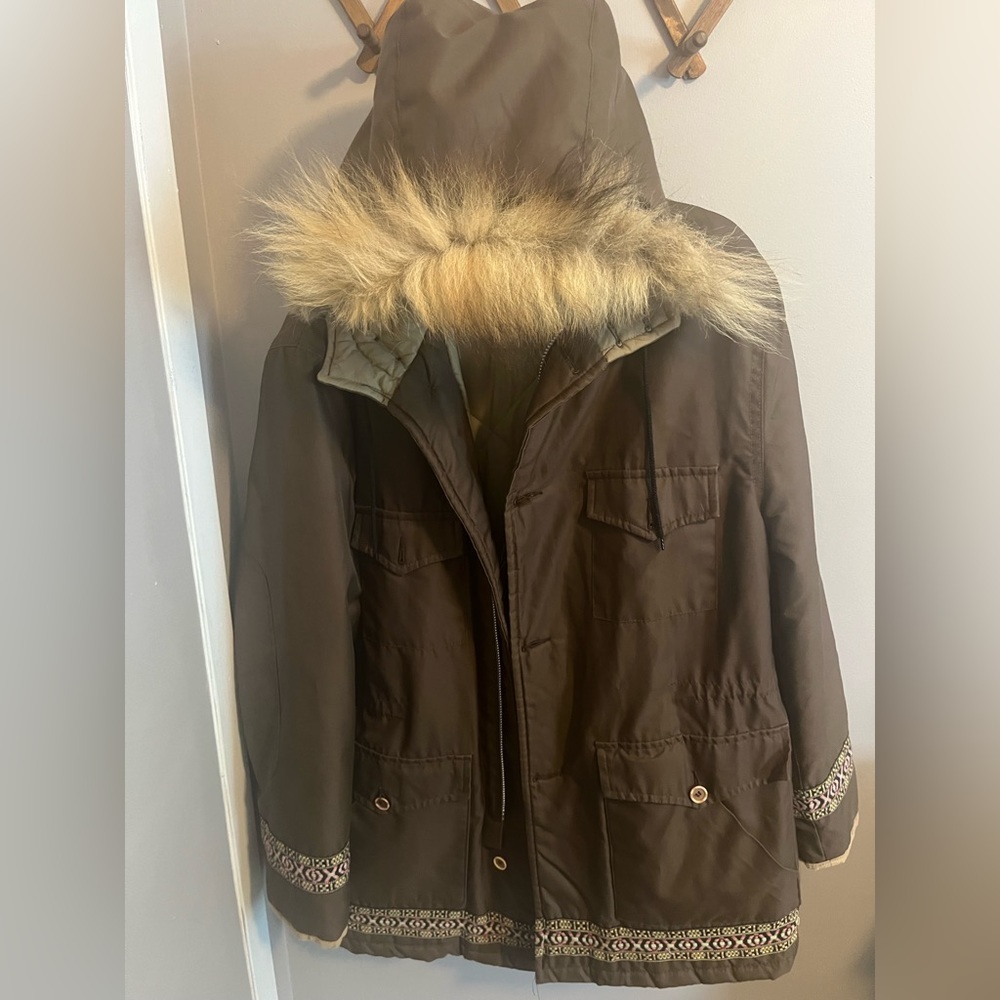 Vintage Canadian Made Quilted Winter Parka - Brown with Tribal Embroidery XL